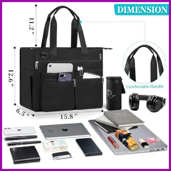 Large Tote Bag with 13 Pockets for Work Travel Gym Laptop - Picture 3 of 7